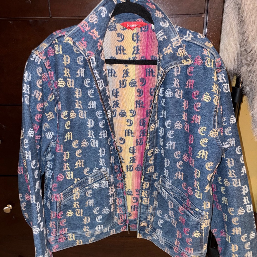 Authentic Supreme Denim Jacket with Multicolor Lettering